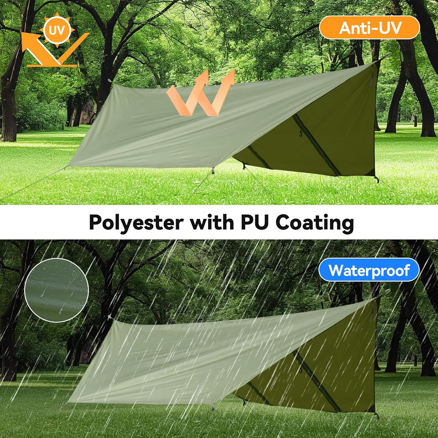 Hammock Rain Fly Tent Tarp (11.5x9.5ft) Large Ultralight Camping Tarps Waterproof Portable Backpacking Multifunctional Rain Cover for Outdoor Hiking, Picnic, Hammock, Car, Backpacking - Image 3