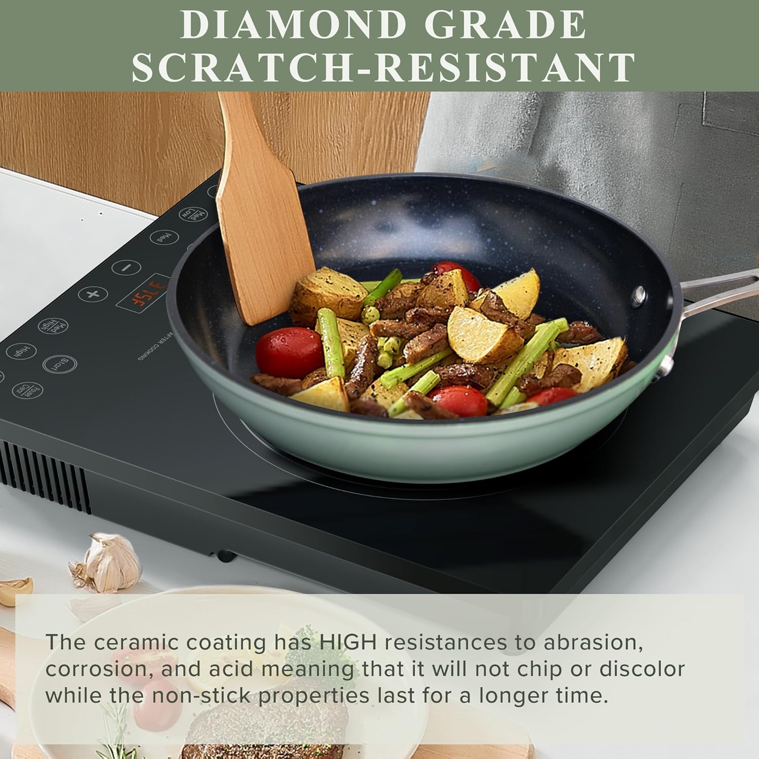 Nuwave Healthy Duralon Blue Ceramic Nonstick Cookware Set, Diamond Infused Scratch-Resistant, PFAS Free, Dishwasher & Oven Safe, Induction Ready & Evenly Heats, Tempered Glass Lids & Stay-Cool Handles - Image 4