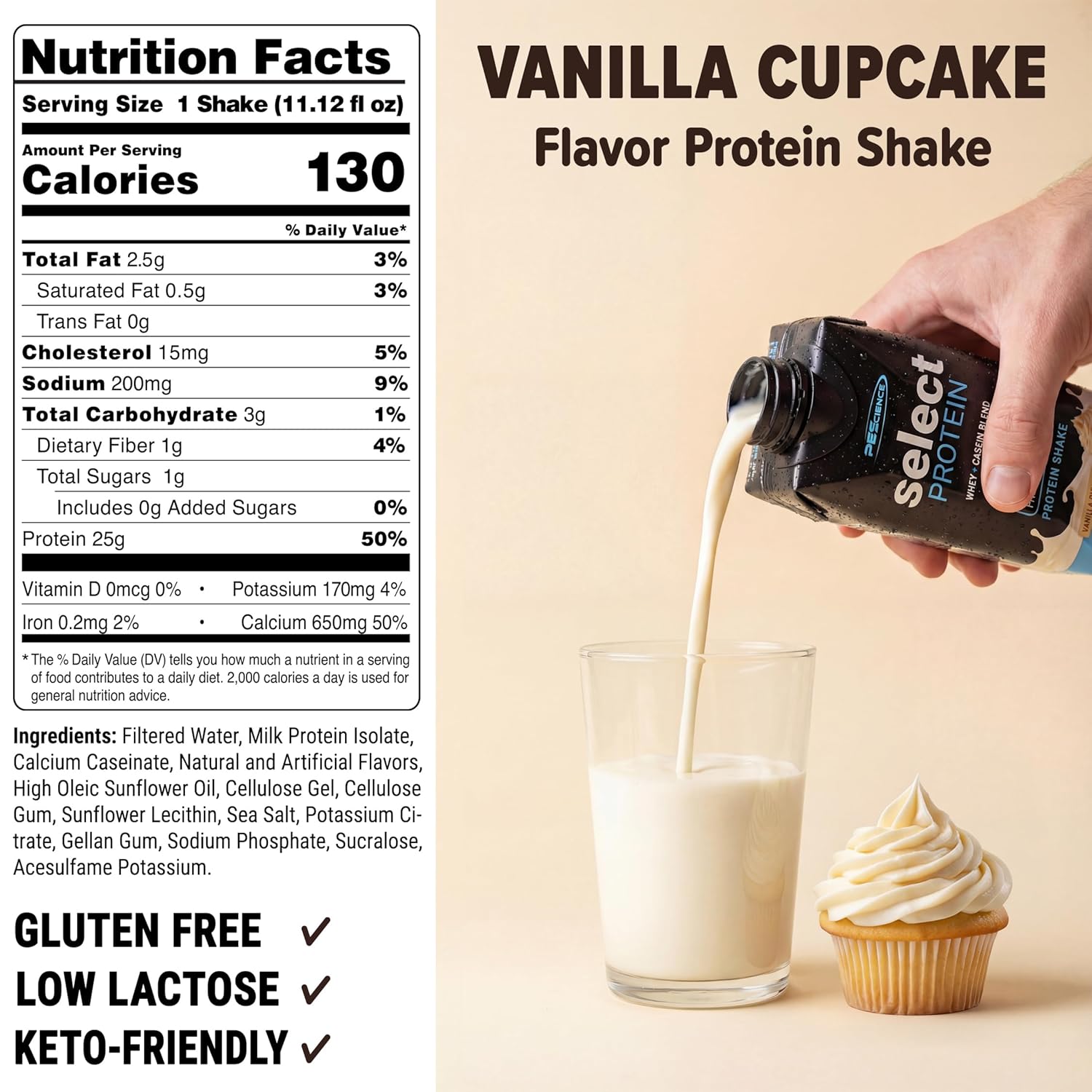 PEScience Select Protein Shake RTD, 25g Whey and Casein Blend, High Protein Drink, Gluten Free, Keto Friendly, 0g Sugar, Low Carb Ready to Drink Meal Replacement, Vanilla Cupcake - Pack of 4 - Image 2