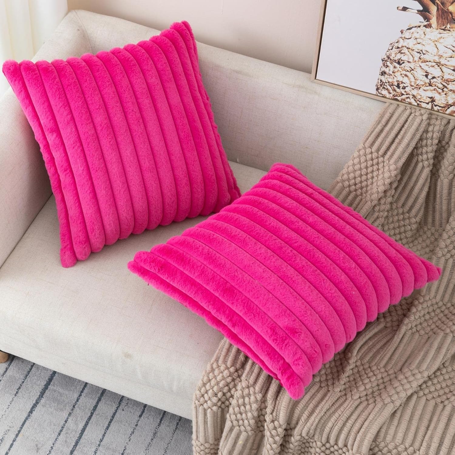 ZLINA Set of 2 Hot Pink Faux Fur Decorative Throw Pillow Covers Fluffy Striped Pillowcase Cushion Covers 18 x 18 Inch Decor Sofa Couch Bedroom - Image 5