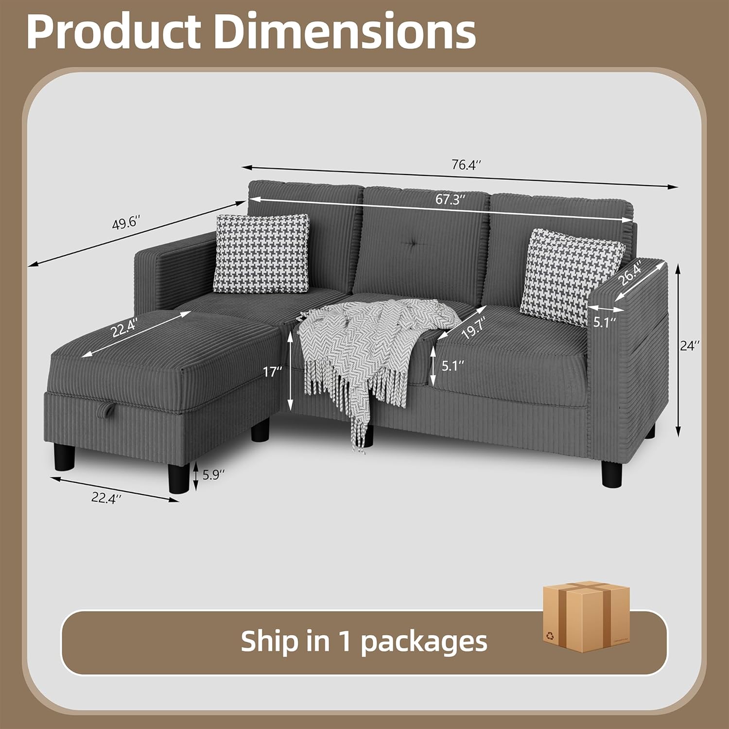 JAMFLY Convertible Sectional Couches for Living Room, L-Shaped Couch 3 Seat Sectional Sofa Set with Corduroy Fabric and Movable Ottoman Small Couch for Apartments, Office(Dark Grey) - Image 2