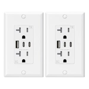 ELEGRP USB Outlets, 20 Amp Wall Outlet with 3 USB Ports, Dual USB C Ports Outlets, TR Tamper-Resistant USB Outlets Receptacles, Wall Plate Included, UL/CUL Listed, 2 Pack, White