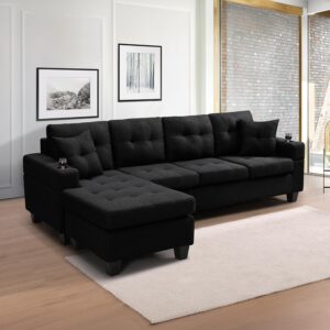 Wakefit Sectional Sofa Couch, Modern 4-Seaters Living Room Furniture Sets with Reversible Chaise Lounge & 2 Pillows | L Shape Couch | Cup Holders | Linen Fabric,Black