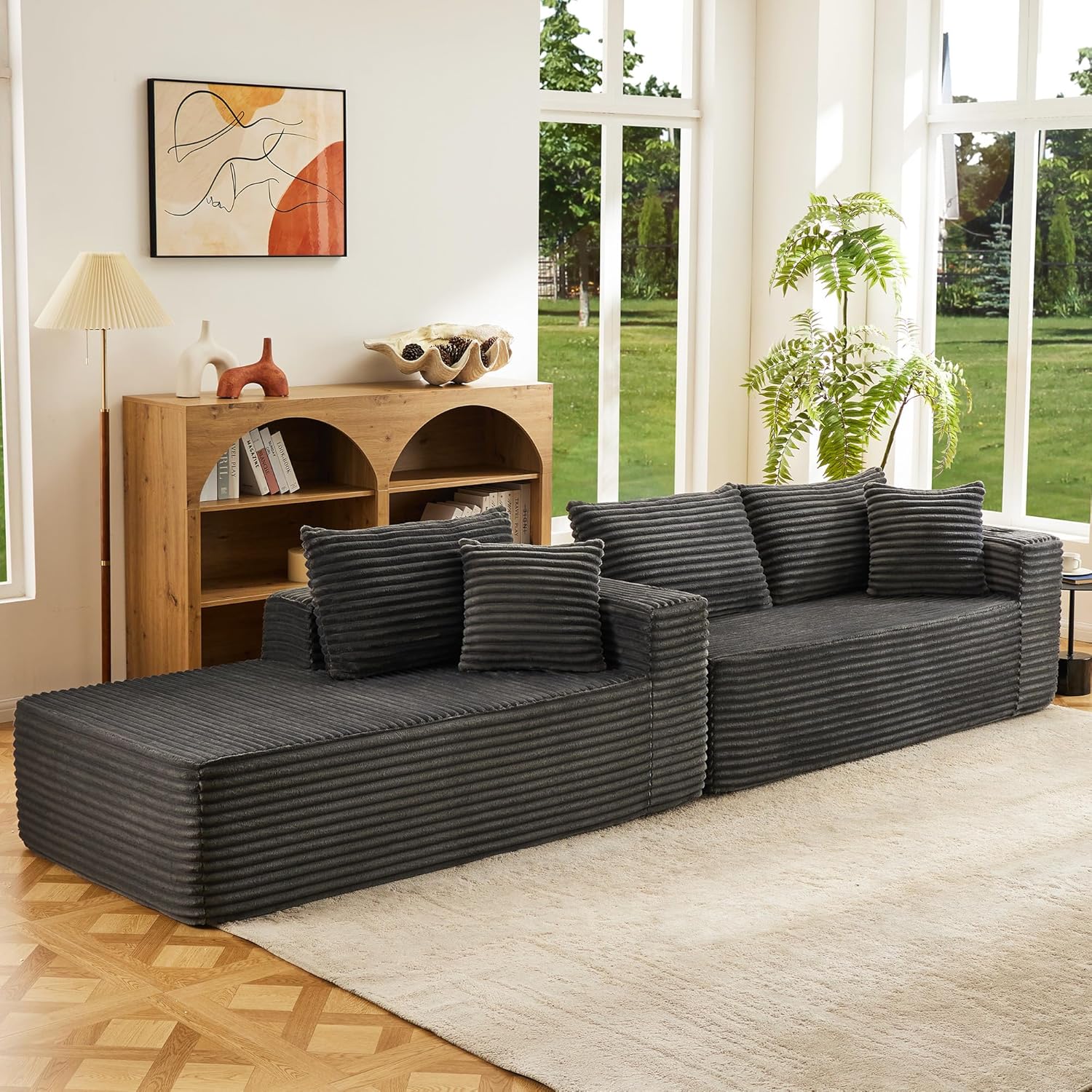 Modular Compressed Sectional Sofa Set – Velvet Corduroy Upholstery, Convertible Couch with Cup Holders and Pillows for Living Room, Grey - Image 9