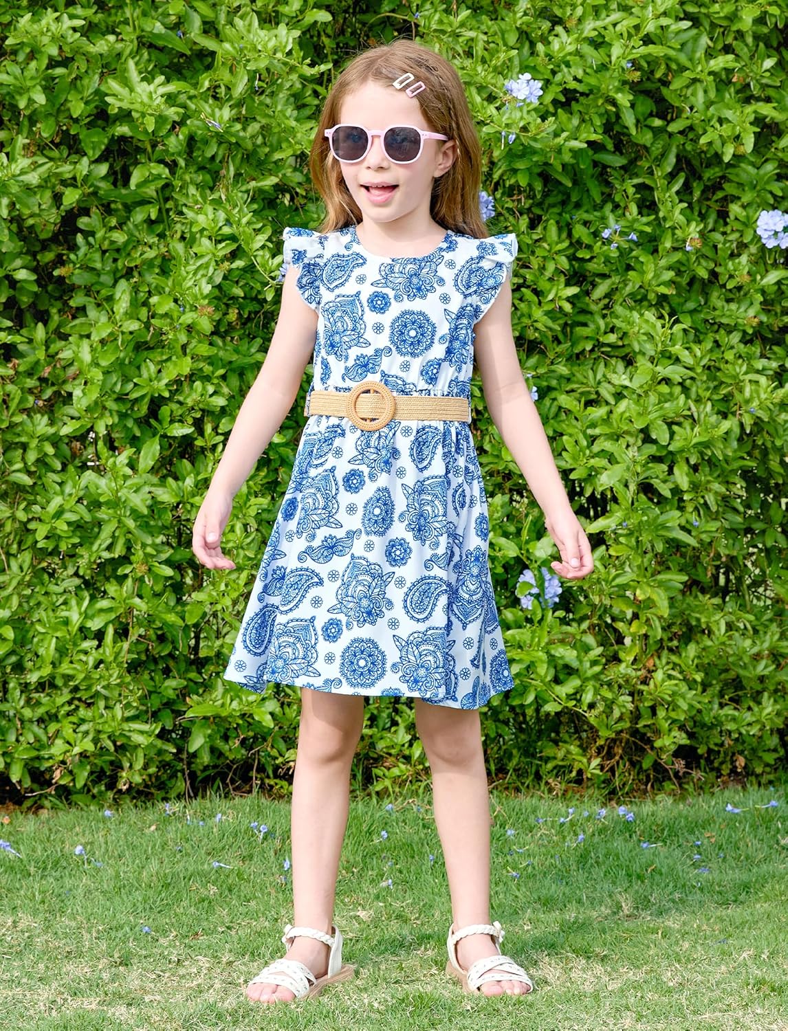 PATPAT Little Big Girls Dress Vintage Boho Floral Ruffle Short Sleeve Casual Swing Dress with Braided Belt - Image 7