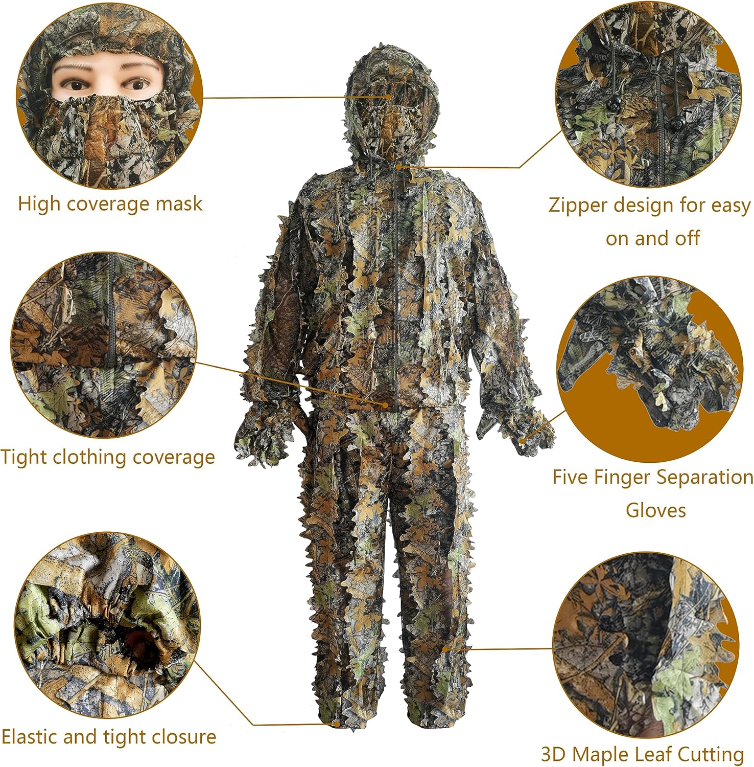 Ghillie Suit, Kids Adult 3D Leafy Camouflage Clothing, Camo Suit for Turkey Hunting, Hunting for Outdoor Game and Halloween - Image 3
