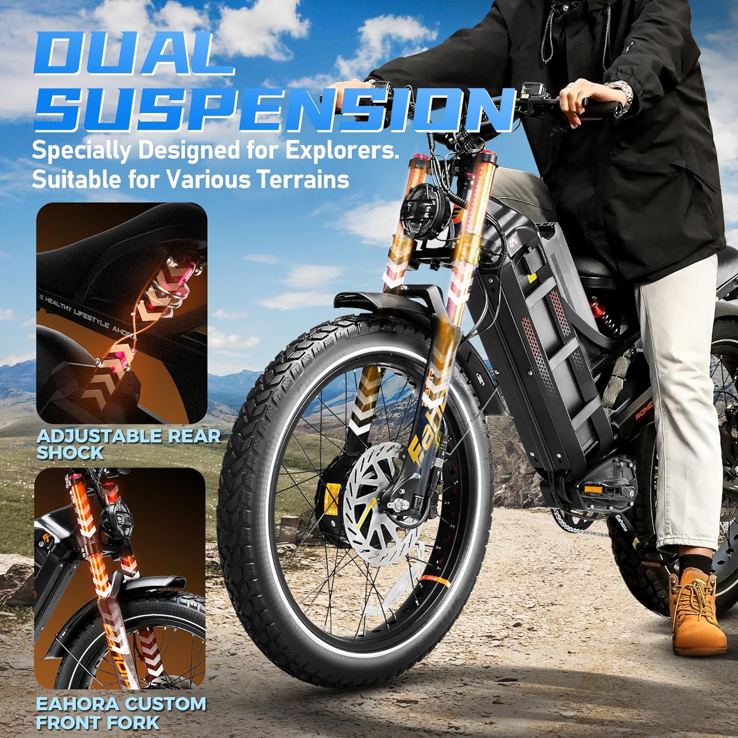 2026 eAhora Romeo Pro 3/2 50-46Mph Electric Bike for Adults 5600W/4000W Dual Motor Ebike 60V 80AH/52v 70Ah Battery 200-235Miles Long Range, 26*4.0" Fat Tire, Full Suspension, All Terrain, APP Control - Image 7
