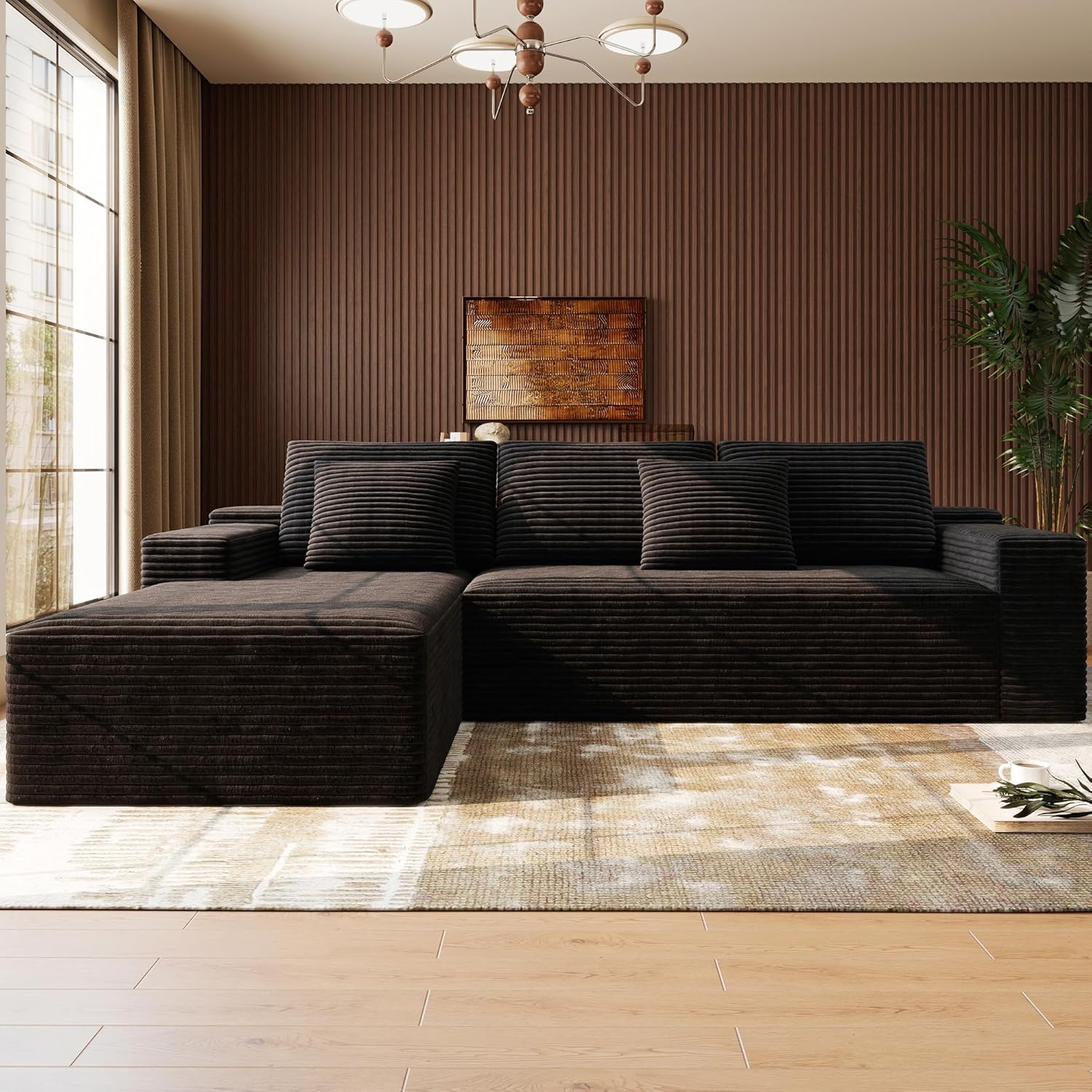 Boneless Modular Sectional Sofa, Cloud Couch with Left Facing Chaise, Oversized Deep Seat, L-Shaped, Soft Corduroy Fabric, Sectional Couch for Living Room -Black - Image 9