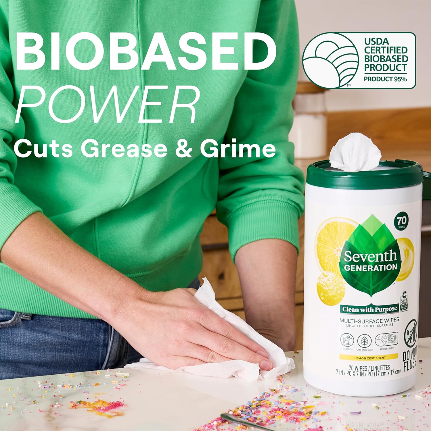 Seventh Generation Multi Surface Wipes All Purpose Cleaning Lemon Zest scent with 100% Essential Oils and Botanical Ingredients 70 count, Pack of 6 - Image 3