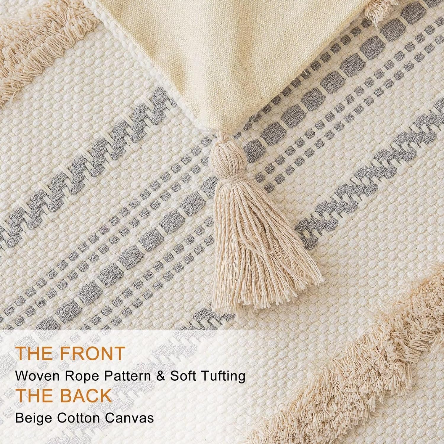 Boho Throw Pillow Covers 18x18 Set of 2 Woven Tufted Farmhouse Pillows Cover with Tassels Textured Striped Cushion Case Neutral Pillow Cases Decorative Pillowcase for Sofa, Couch, Bed, Khaki - Image 2