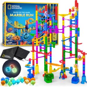 NATIONAL GEOGRAPHIC Glowing Marble Run – 150 Piece Construction Set with 30 Glow in The Dark Glass Marbles & Storage Bag, STEM Gifts for Boys and Girls, Building Project Toy (Amazon Exclusive)