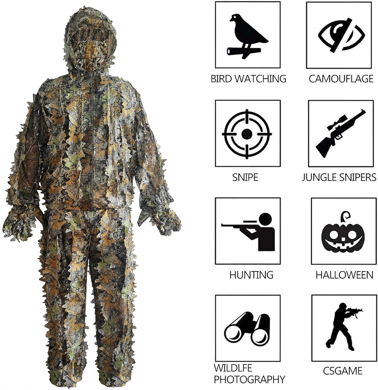 Ghillie Suit, Kids Adult 3D Leafy Camouflage Clothing, Camo Suit for Turkey Hunting, Hunting for Outdoor Game and Halloween - Image 4