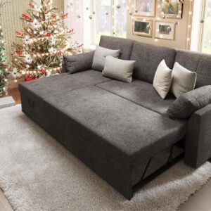 VanAcc Sleeper Sofa, Sofa Bed- 2 in 1 Pull Out Couch Bed with Storage Chaise, Sleeper Couch for Living Room, Grey Linen