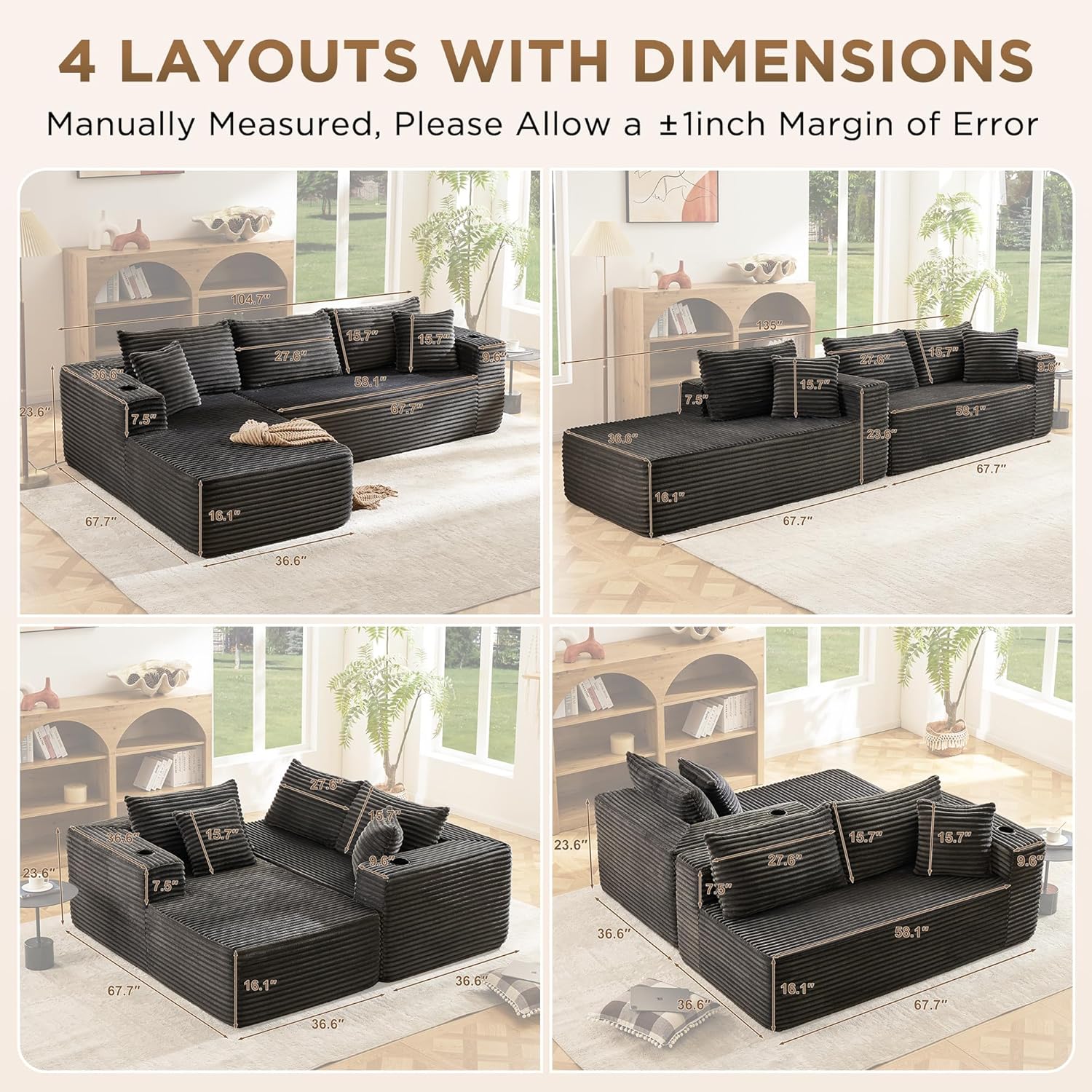 Modular Compressed Sectional Sofa Set – Velvet Corduroy Upholstery, Convertible Couch with Cup Holders and Pillows for Living Room, Grey - Image 4