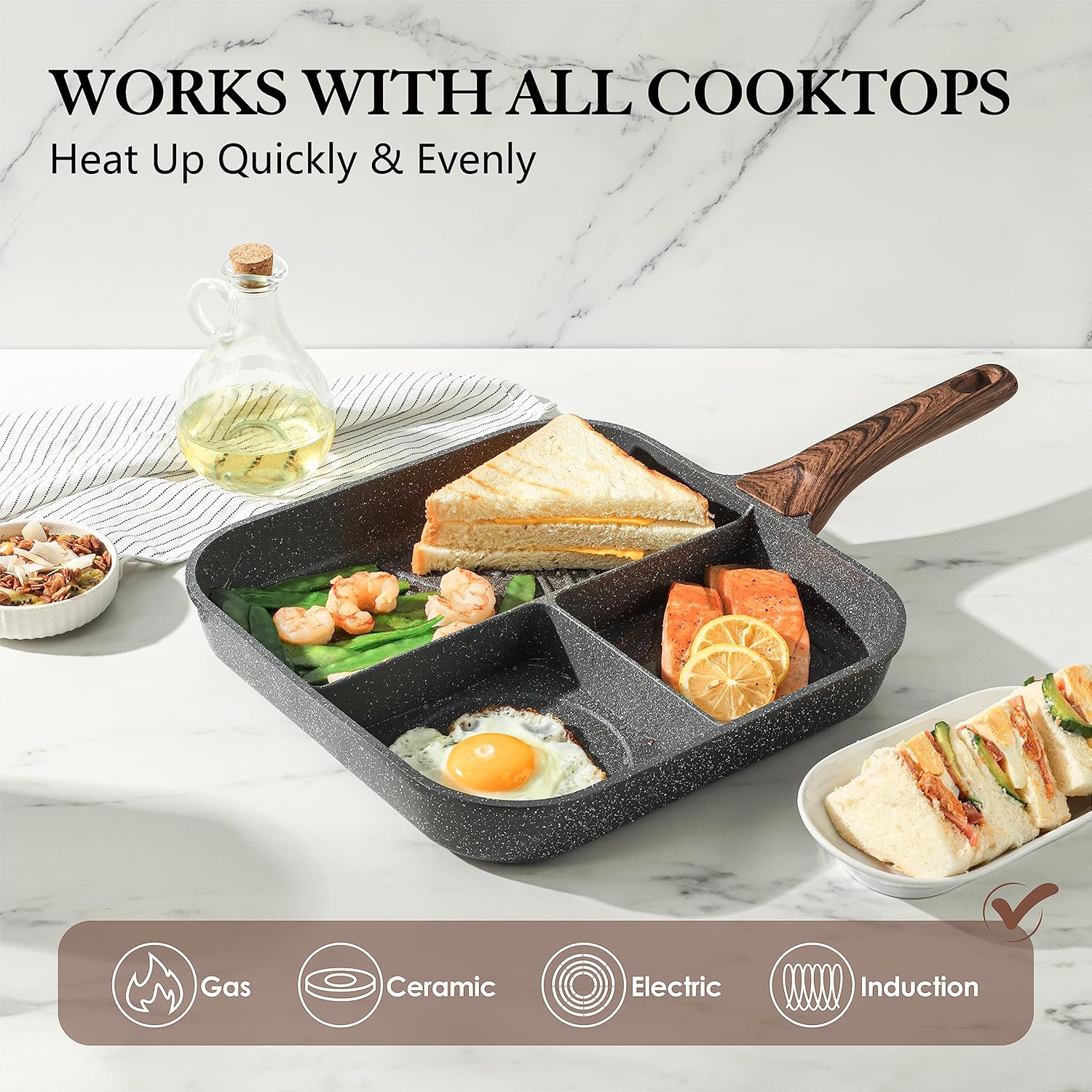 Sensarte Nonstick 11-Inch Square Grill Pan, 3-Section Versatile Breakfast Skillet, Die-cast Aluminum, PFOA, PFOS, APEO Free, Induction, Gas, Electric, Glass, Ceramic - Image 4