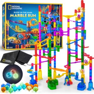 NATIONAL GEOGRAPHIC Glowing Marble Run – 250 Piece Construction Set with 50 Glow in The Dark Glass Marbles & Storage Bag, STEM Gifts for Boys and Girls, Building Project Toy (Amazon Exclusive)