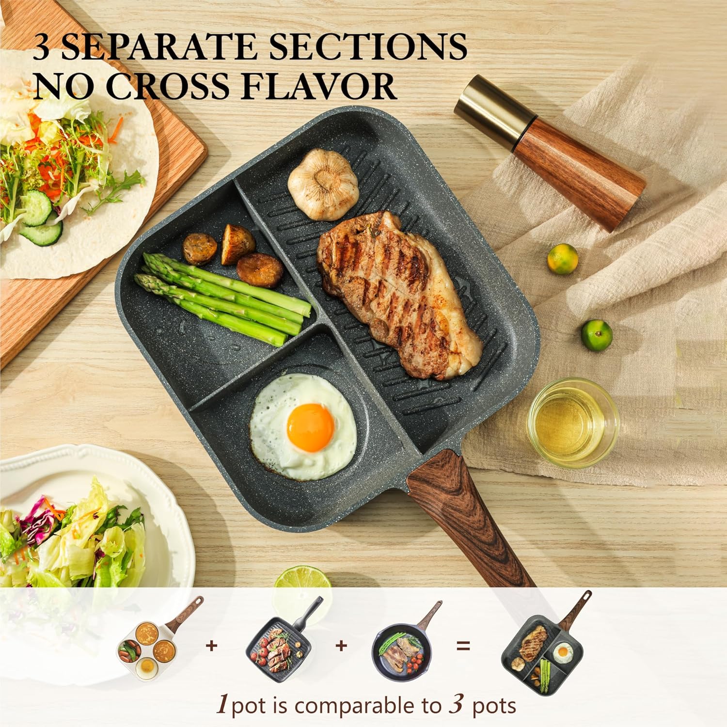Sensarte Nonstick 11-Inch Square Grill Pan, 3-Section Versatile Breakfast Skillet, Die-cast Aluminum, PFOA, PFOS, APEO Free, Induction, Gas, Electric, Glass, Ceramic - Image 2