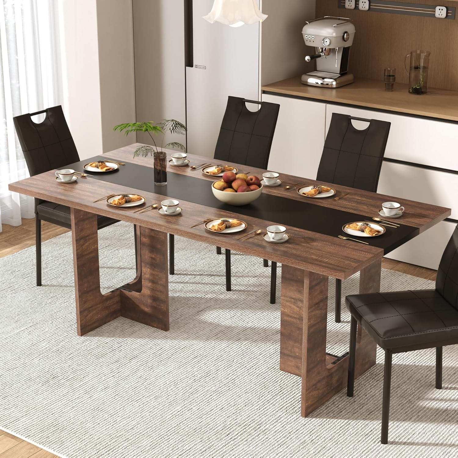 St.Mandyu 7 Pieces Dining Table & Chairs Set for 4-8 People, 71 Inch Kitchen Table with 6 Chairs, Rectangle Dining Table with Wooden Legs for Dining Room, Living Room, Brown - Image 4