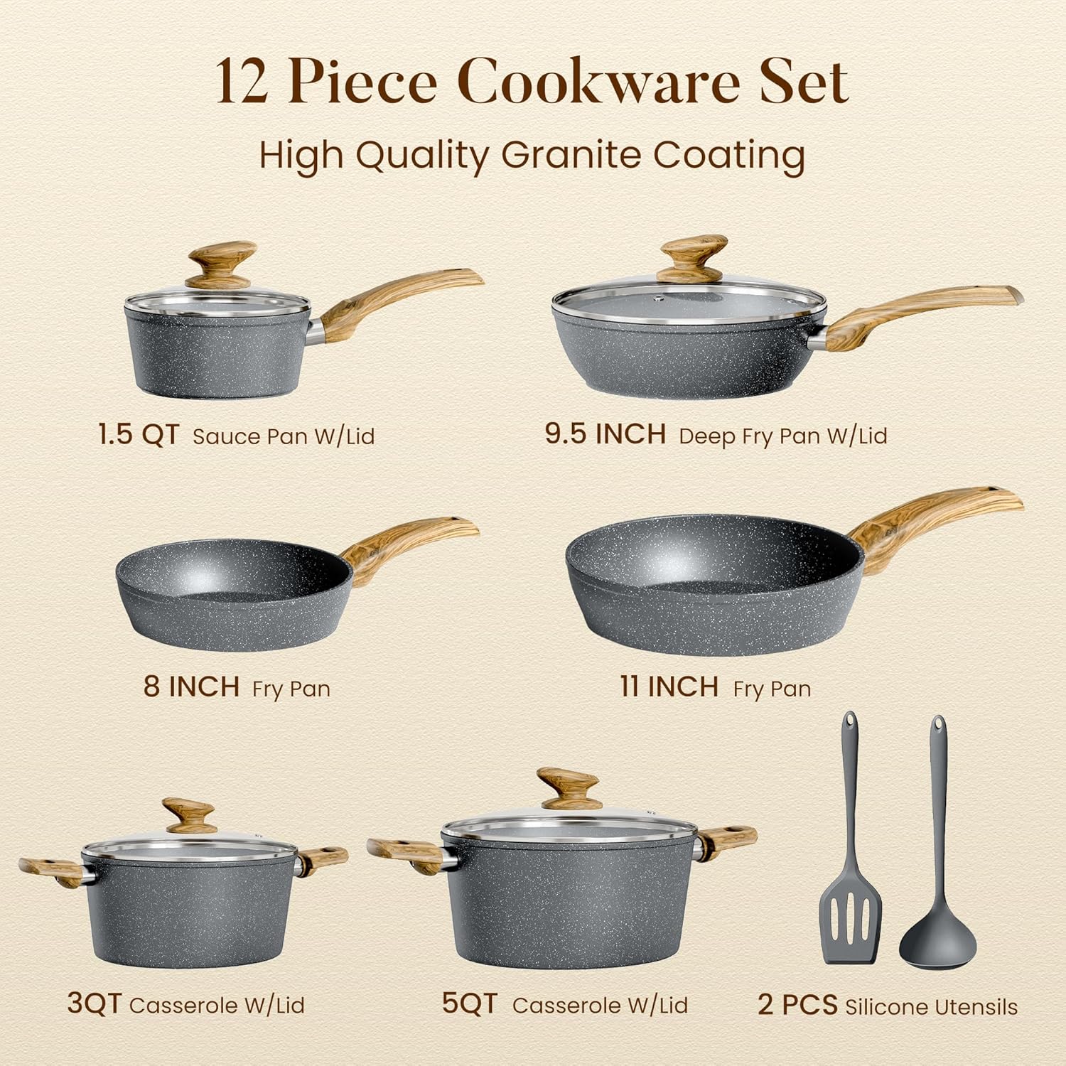 Kitchen Academy Induction Cookware Sets - 12 Piece Gray Cooking Pan Set, Granite Nonstick Pots and Pans Set - Image 6
