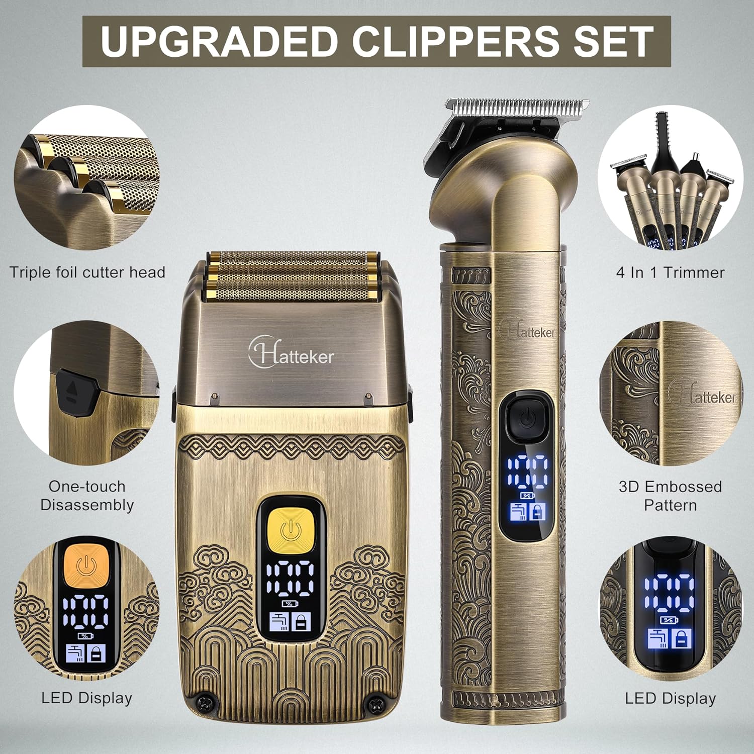 Hatteker Professional Hair Clipper Electric Razor Foil Shavers for Men Body Nose Ear Hair Grooming Kit with Triple Blades Cordless Waterproof - Image 3