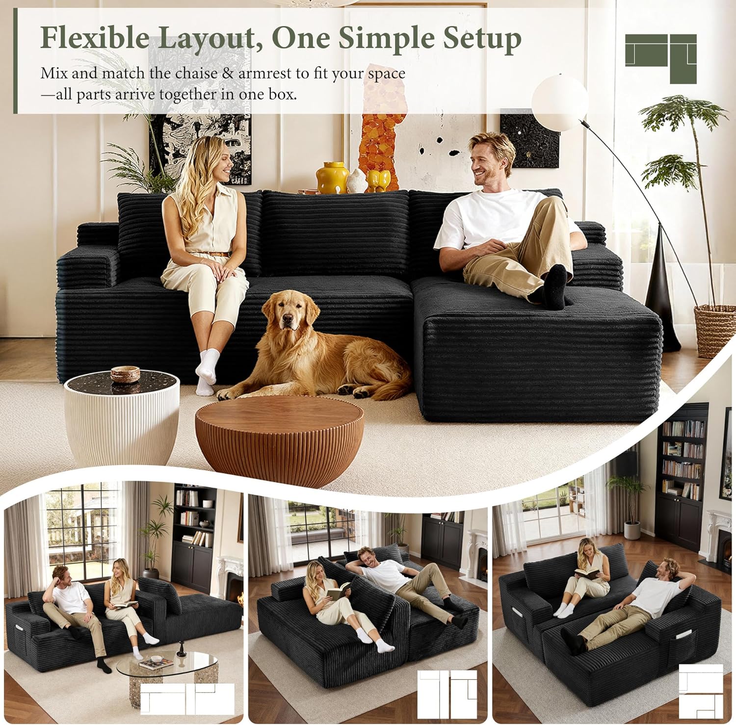 96" Sectional Couches for Living Room Cloud Couch Sofa with L-Shape Upholstered Boneless Couchs Modern Modular Sectional Couch with Chaise (Black, 96" W+Right Facing Chaise+2Seaters) - Image 7