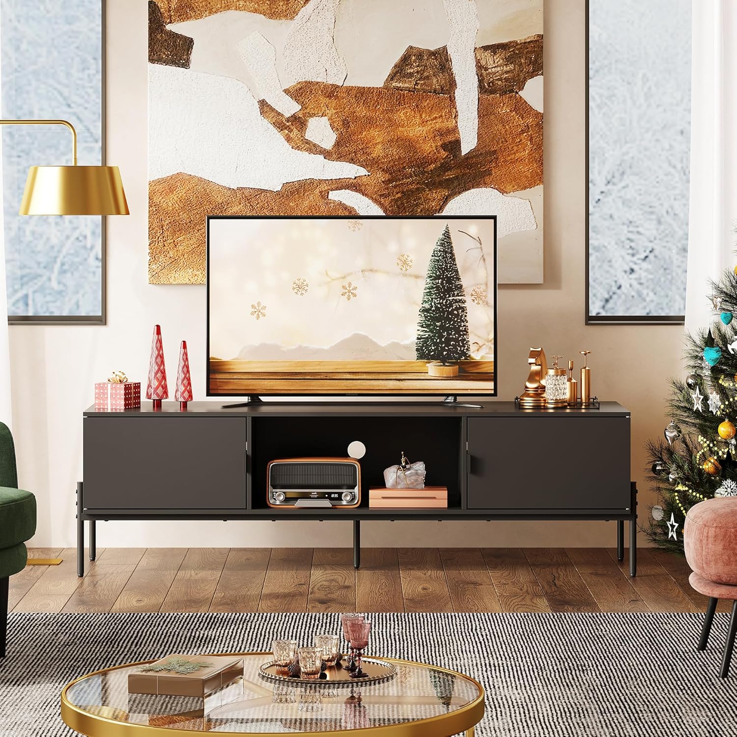 WLIVE TV Stand for 65 Inch TV, Mid Century Modern Entainment Center with 2 Storage Cabinets & Open Shelf, TV Console Table Media with Metal Legs for Living Room, Bedroom, Black - Image 8