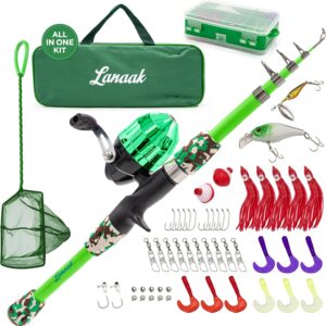 Kids Fishing Pole, Kids Portable Telescopic Fishing Rod Set, Tackle Box and Fishing Net Combo Kit, Kids Fishing Gear for Boys and Girls Age 5-10 and Youth