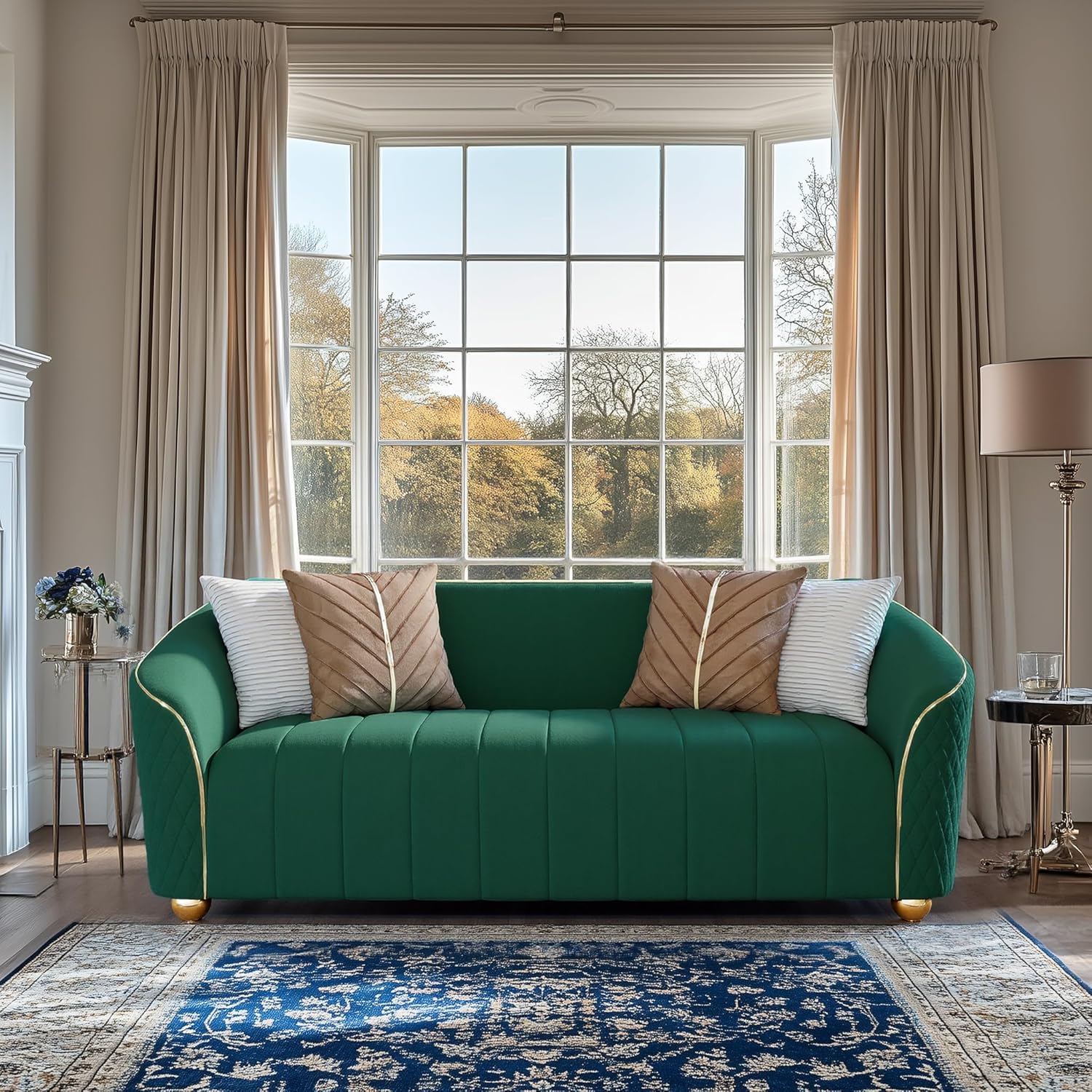 "85" 3-Seater Velvet Sofa - Modern Plush Spring Cushion, Solid Wood Frame, Spacious Deep Seat for Small Spaces, Family Living Room & Office (Green, 3S) - Image 3