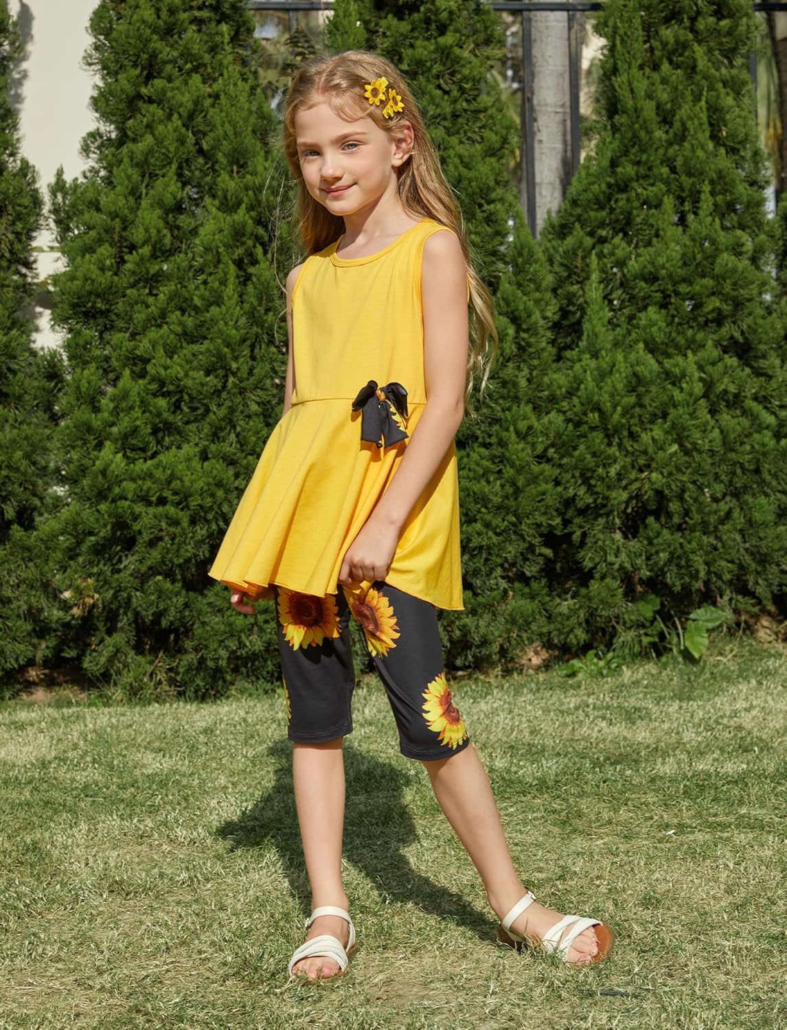 PATPAT Girls Summer 2 Piece Outfits 4-12Y Butterfly Bow Sleeveless Tunic Tops and Floral Print Shorts Cute Clothes - Image 2