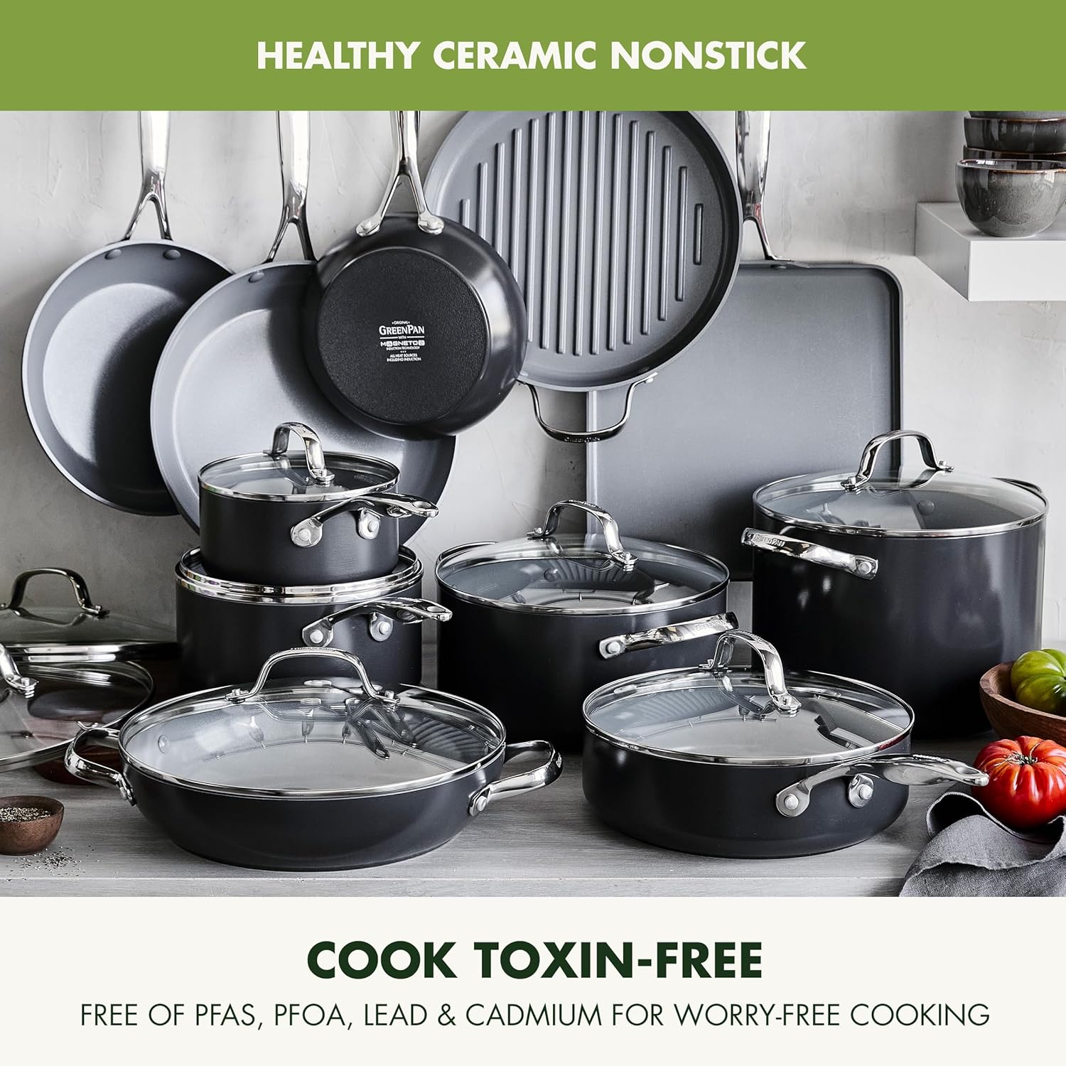 GreenPan Valencia Pro Ceramic Nonstick 22 Piece Cookware Set, Hard Anodized PFAS-Free Pots & Pans, Induction Ready, Compatible on All Cooktops, Dishwasher Safe, Oven Safe to 600F, Gray - Image 2