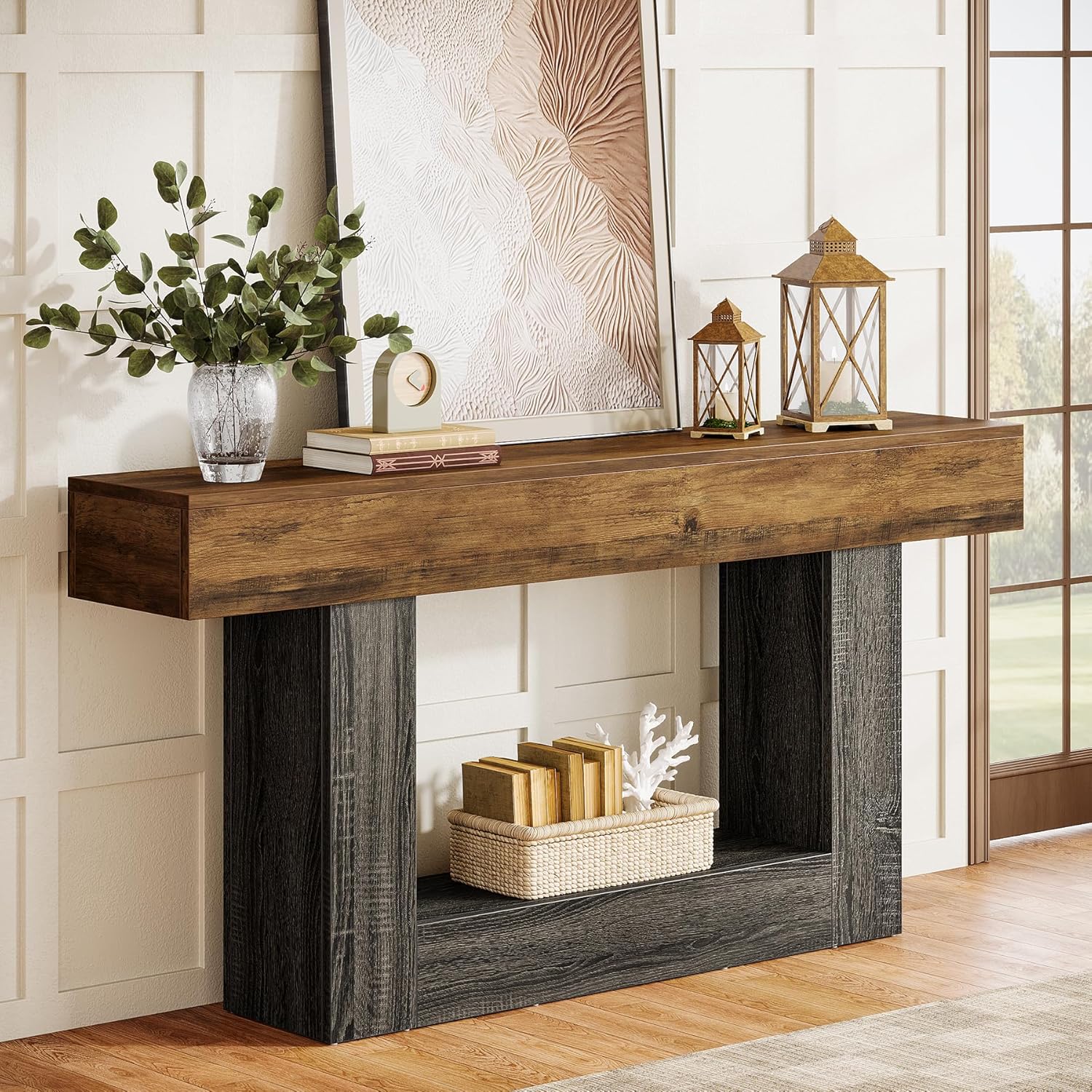 Tribesigns 63-Inch Long Console Table, 2-Tier Entryway Table Sofa Table with Storage, Farmhouse Wood Behind Couch Tables for Living Room, Hallway, Rustic Brown & Gray - Image 3