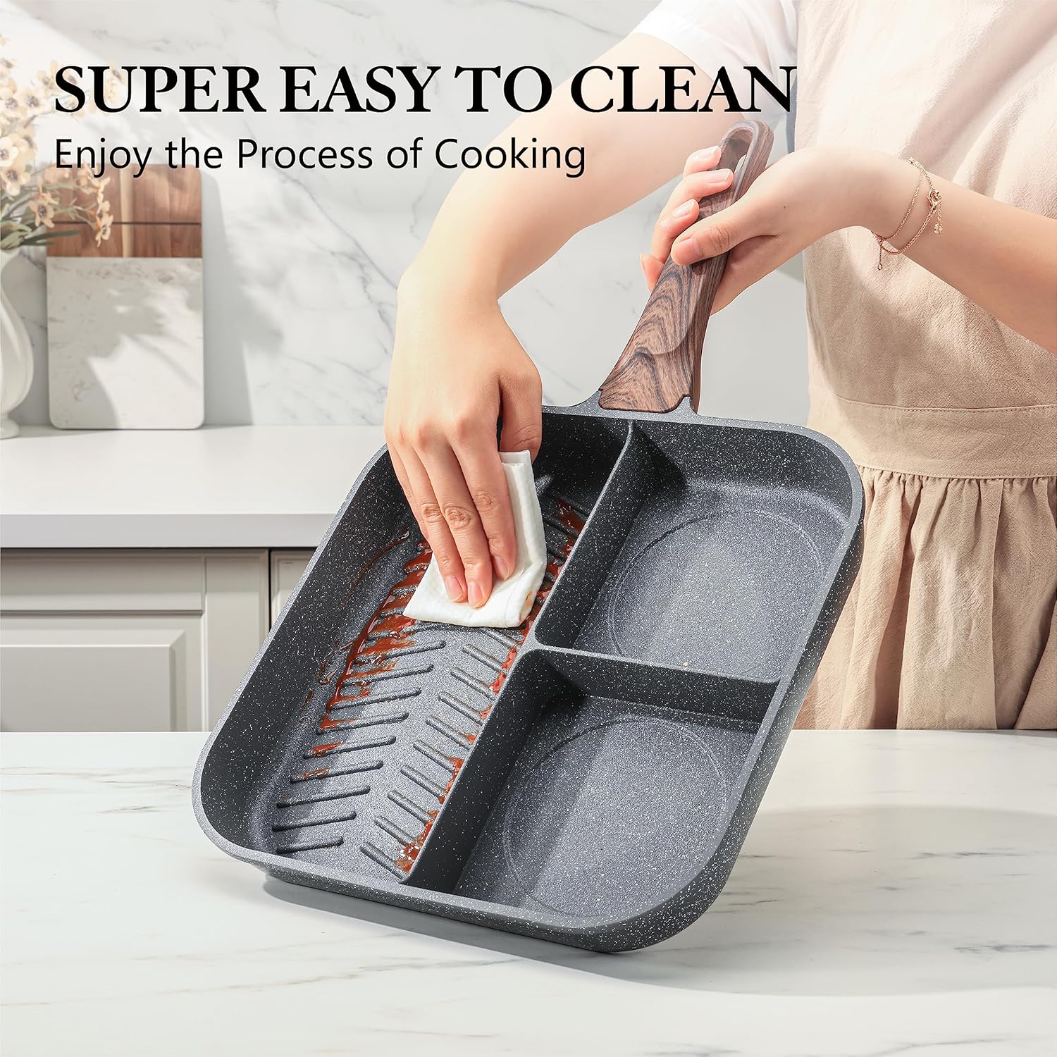 Sensarte Nonstick 11-Inch Square Grill Pan, 3-Section Versatile Breakfast Skillet, Die-cast Aluminum, PFOA, PFOS, APEO Free, Induction, Gas, Electric, Glass, Ceramic - Image 6