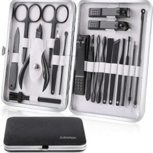 Manicure Set, Jubolion 19pcs Stainless Steel Professional Nail Clippers Pedicure Set with Black Leather Storage Case, Portable Grooming Kit for Travel or Home, Perfect Gifts Women and Men (Black)
