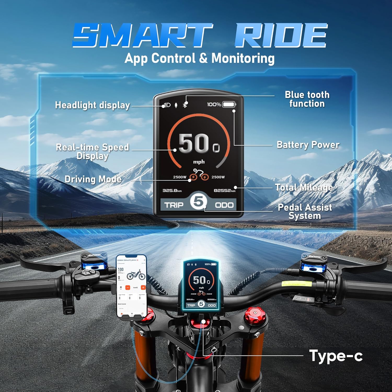 2026 eAhora Romeo Pro 3/2 50-46Mph Electric Bike for Adults 5600W/4000W Dual Motor Ebike 60V 80AH/52v 70Ah Battery 200-235Miles Long Range, 26*4.0" Fat Tire, Full Suspension, All Terrain, APP Control - Image 6