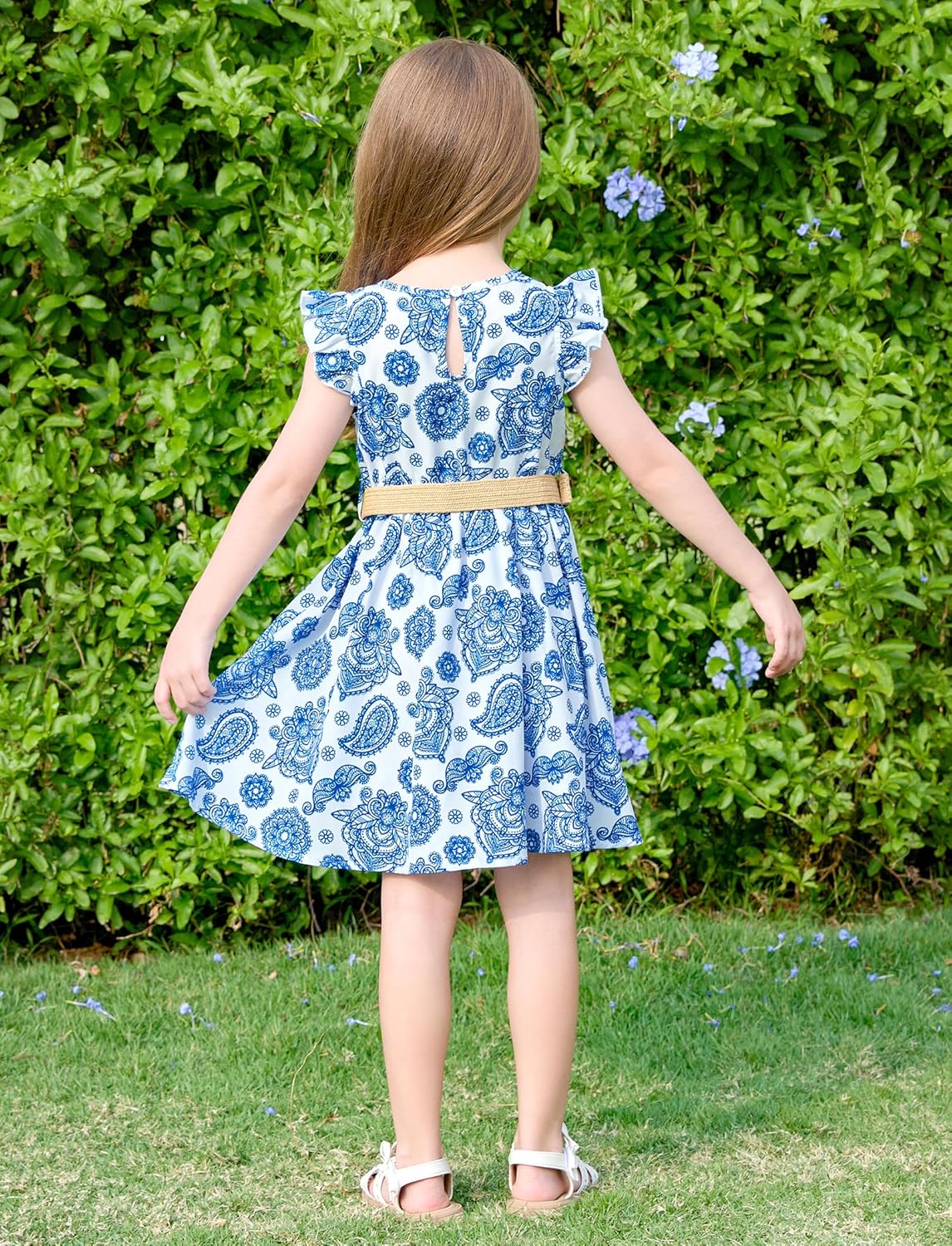 PATPAT Little Big Girls Dress Vintage Boho Floral Ruffle Short Sleeve Casual Swing Dress with Braided Belt - Image 8
