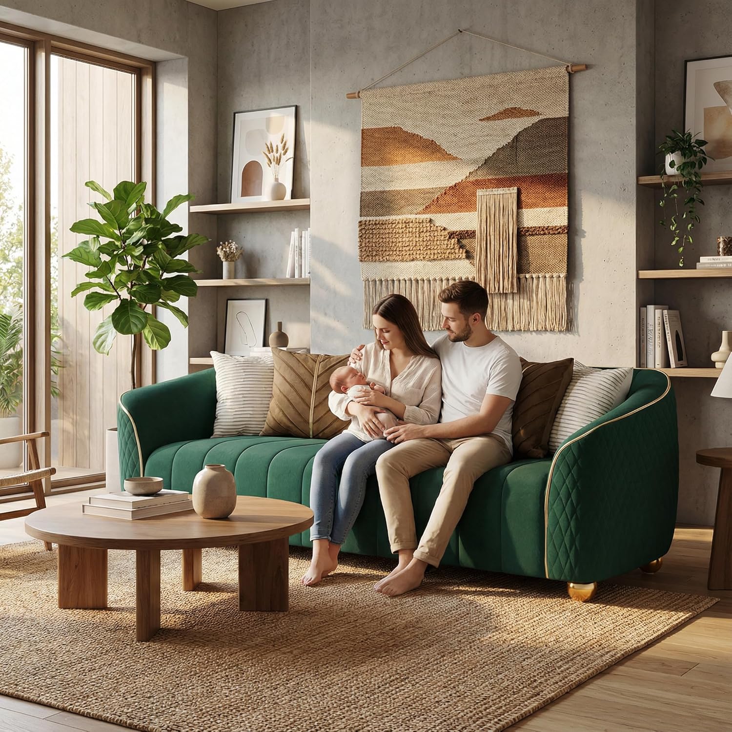 "85" 3-Seater Velvet Sofa - Modern Plush Spring Cushion, Solid Wood Frame, Spacious Deep Seat for Small Spaces, Family Living Room & Office (Green, 3S) - Image 8