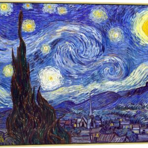 Wieco Art Large Framed Art Giclee Canvas Prints of Starry Night by Vincent Van Gogh Paintings Reproduction Post-Impressionism Artwork for Living Room Home Bedroom Decorations, 40x30inch (Framed)