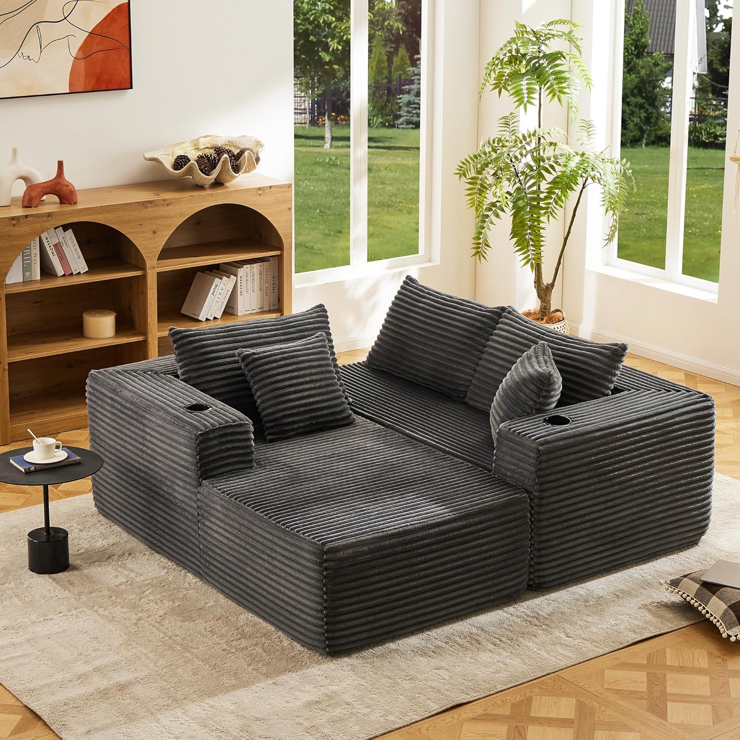 Modular Compressed Sectional Sofa Set – Velvet Corduroy Upholstery, Convertible Couch with Cup Holders and Pillows for Living Room, Grey - Image 7