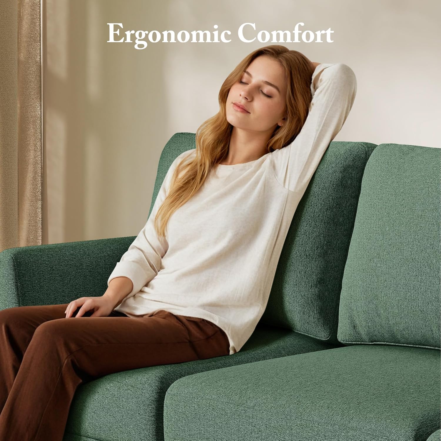 3 Seater Sofa Couch with Deep Seats, 89" Mid Century Modern Upholstered Sofa with Armrests, Comfy Couches for Living Room, Bedroom, Apartment and Office (Green) - Image 3