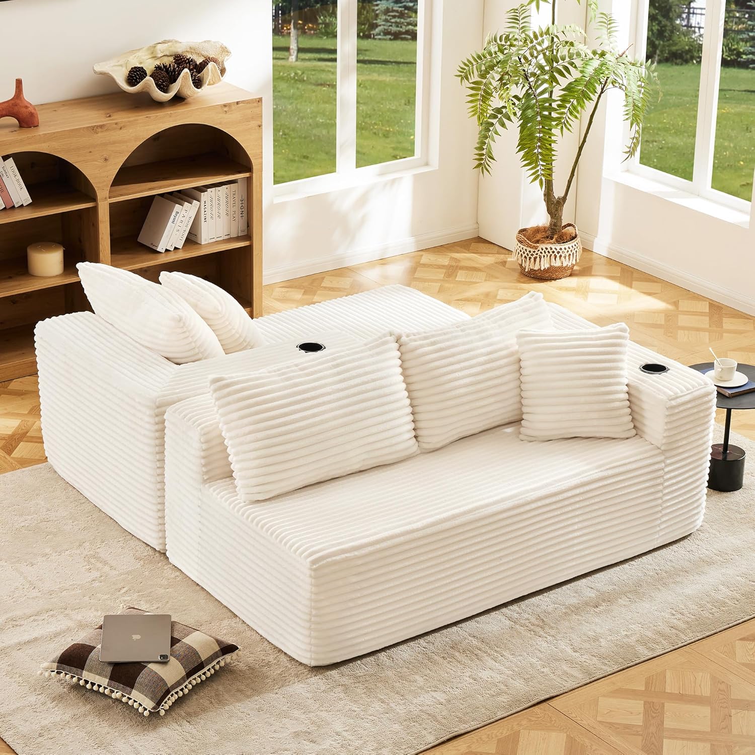 Modular Compressed Sectional Sofa Set – Velvet Corduroy Upholstery, Convertible Couch with Cup Holders and Pillows for Living Room, Beige - Image 9