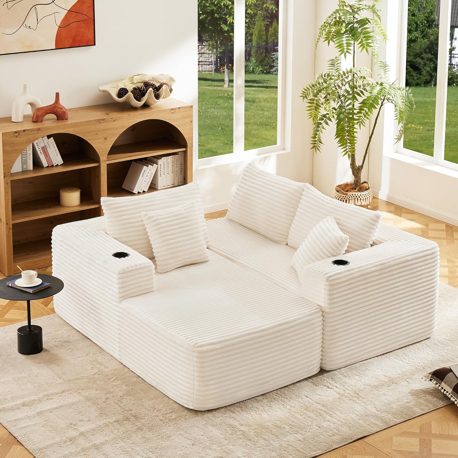 Modular Compressed Sectional Sofa Set – Velvet Corduroy Upholstery, Convertible Couch with Cup Holders and Pillows for Living Room, Beige - Image 8