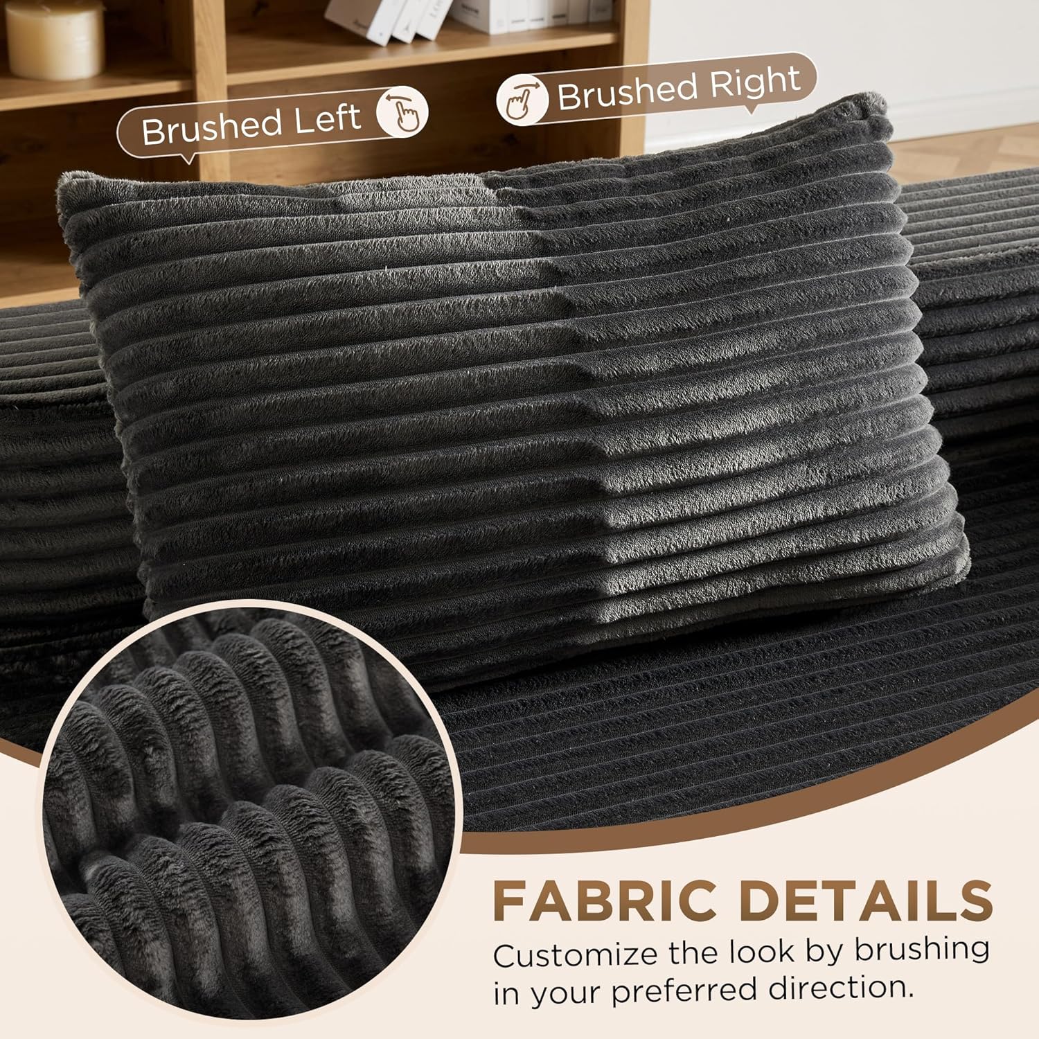 Modular Compressed Sectional Sofa Set – Velvet Corduroy Upholstery, Convertible Couch with Cup Holders and Pillows for Living Room, Grey - Image 5