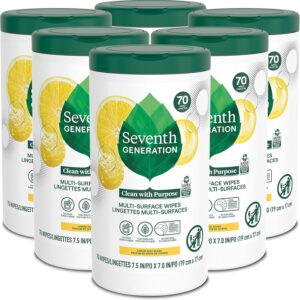 Seventh Generation Multi Surface Wipes All Purpose Cleaning Lemon Zest scent with 100% Essential Oils and Botanical Ingredients 70 count, Pack of 6