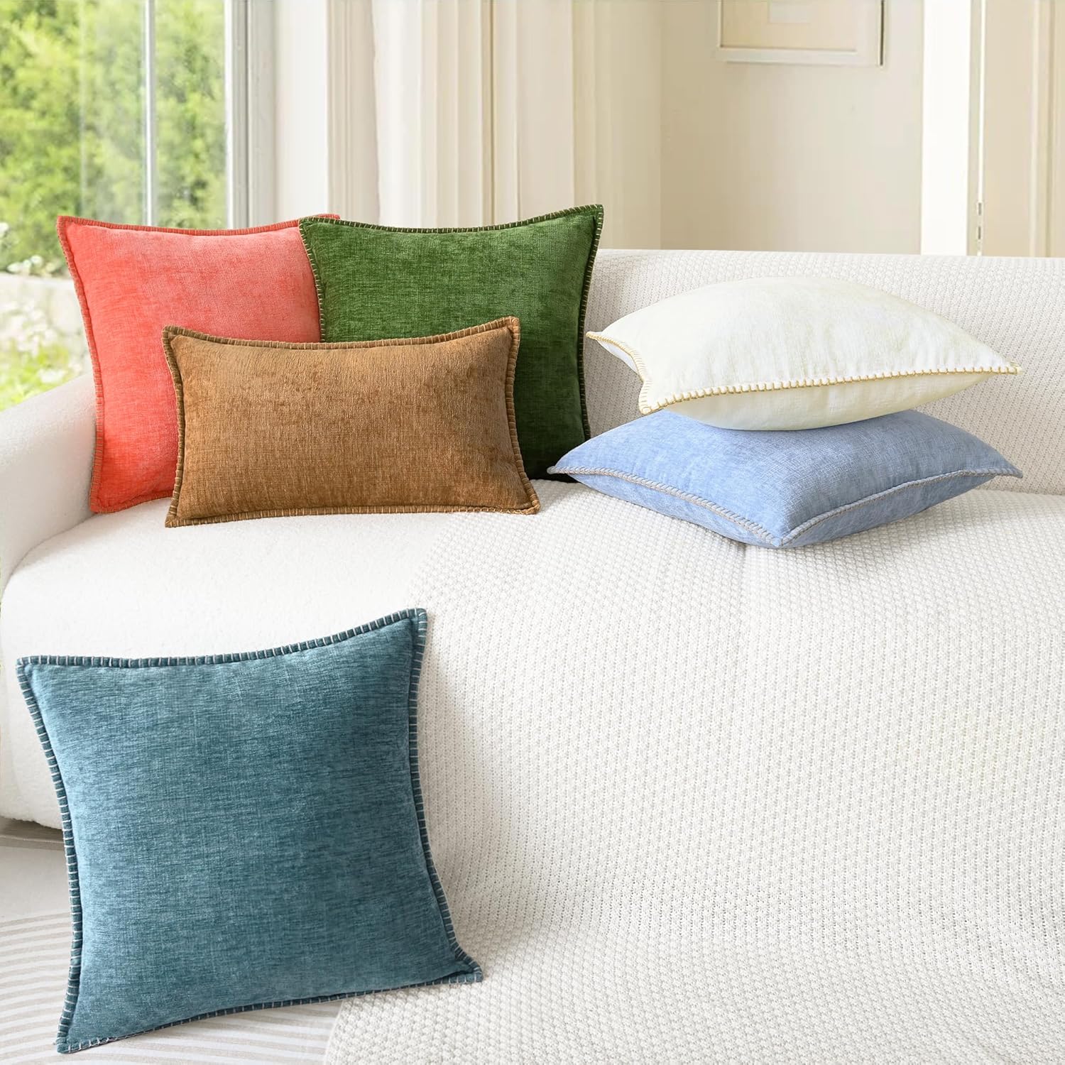 CaliTime Throw Pillow Covers Decorative 18 X 18 Inches Pack of 2 Cotton Thread Stitching Edges Solid Dyed Soft Chenille Cushion Cases for Couch Sofa Bed Living Room Farmhouse Smoke Blue - Image 4