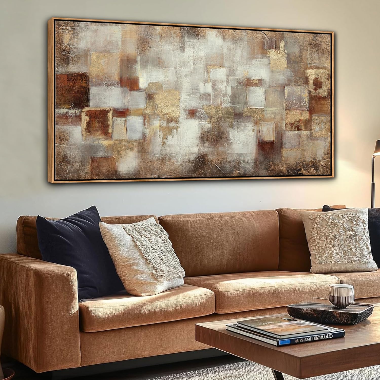 YCPRIMER Brown Abstract Wall Art - Gold Canvas Wall Decor for Living Room - Large Modern Grid minimalist Picture - Oil Painting Print for Bedroom Office Artwork Decoration 24×48INCH - Image 4
