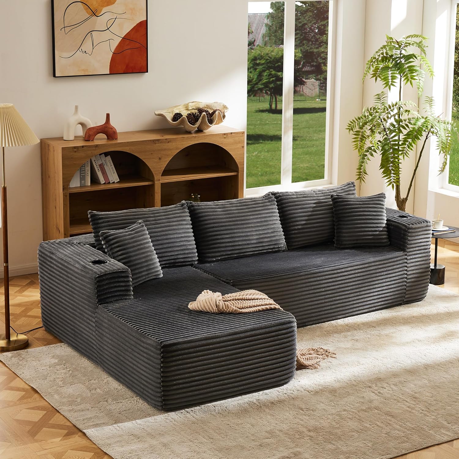 Modular Compressed Sectional Sofa Set – Velvet Corduroy Upholstery, Convertible Couch with Cup Holders and Pillows for Living Room, Grey - Image 2