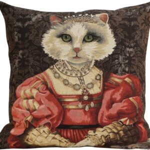 Charlotte Home Furnishings Decorative Cat with Crown Throw Pillow Cover 18” x 18” – Jacquard Cotton Woven Animal Tapestry Cushion Case for Couch, Sofa, or Bed | Made in Belgium | Insert Not Included