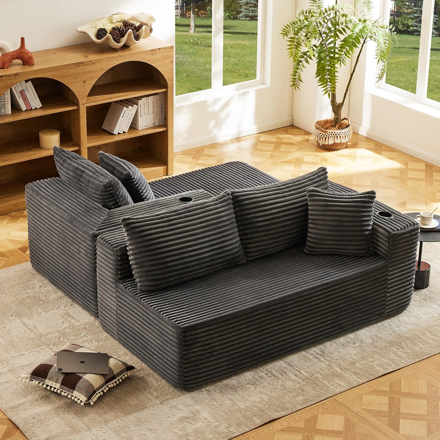 Modular Compressed Sectional Sofa Set – Velvet Corduroy Upholstery, Convertible Couch with Cup Holders and Pillows for Living Room, Grey - Image 8