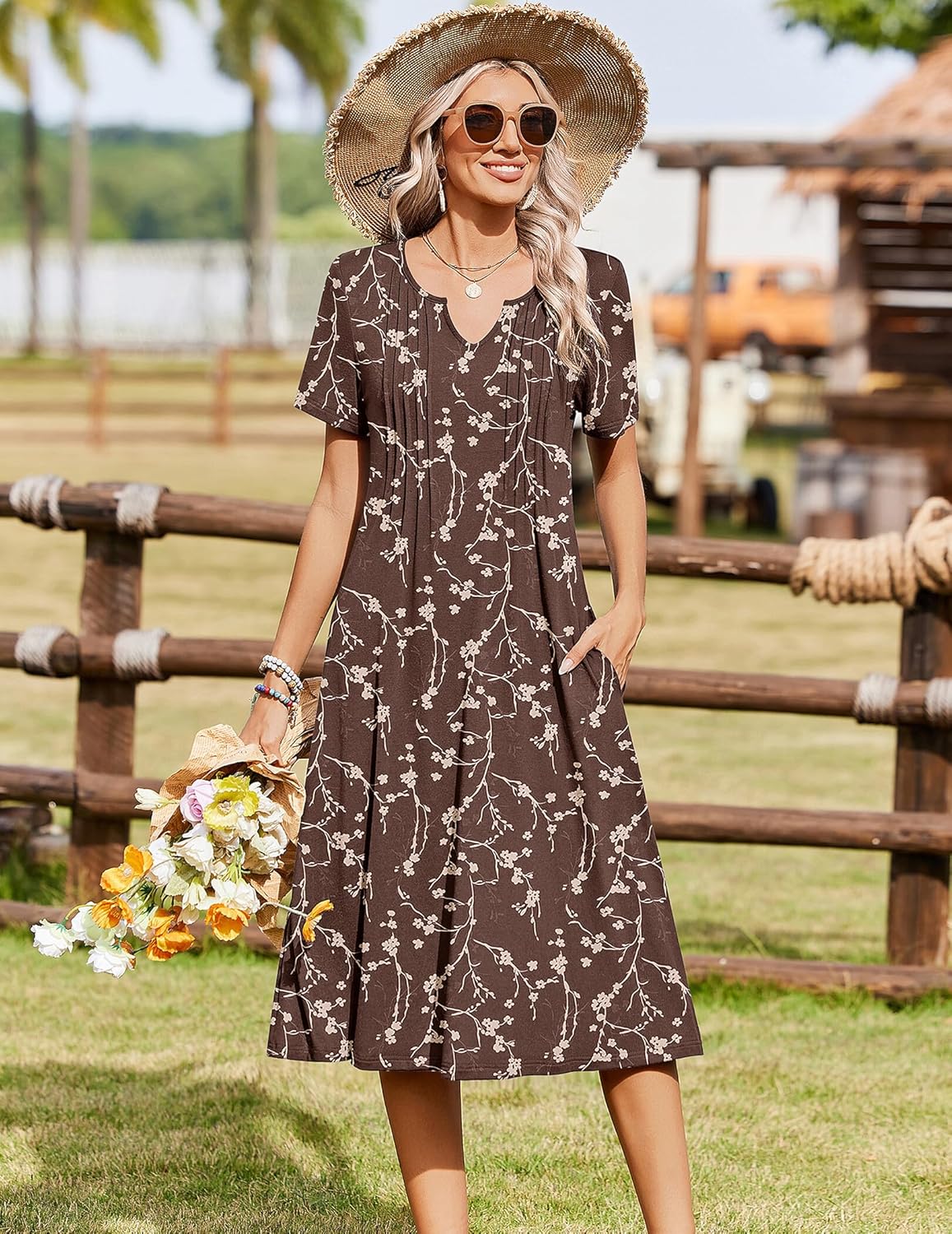 Zeagoo Summer Dresses for Women 2026 Casual Short Sleeve Aline Midi Dress with Pocket Flowy Pleated Tshirt Beach Sundress - Image 3