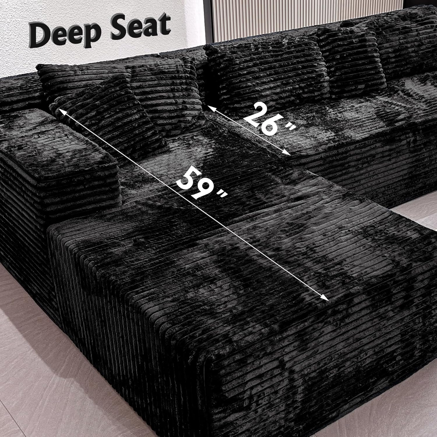 Boneless Modular Sectional Sofa, Cloud Couch with Left Facing Chaise, Oversized Deep Seat, L-Shaped, Soft Corduroy Fabric, Sectional Couch for Living Room -Black - Image 7